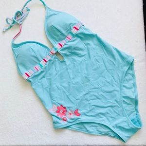Blue floral wrap front one piece swimsuit XS